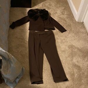 Jones New York Brown Two-Piece Blazer and Trouser Set with Fur Collar